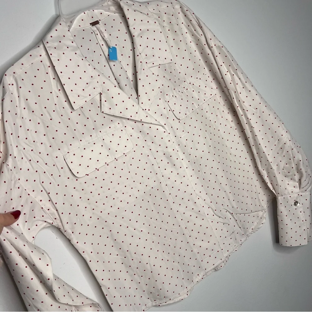 M19 Free People White Red Silk‎ Polka Dot Button Down Shirt